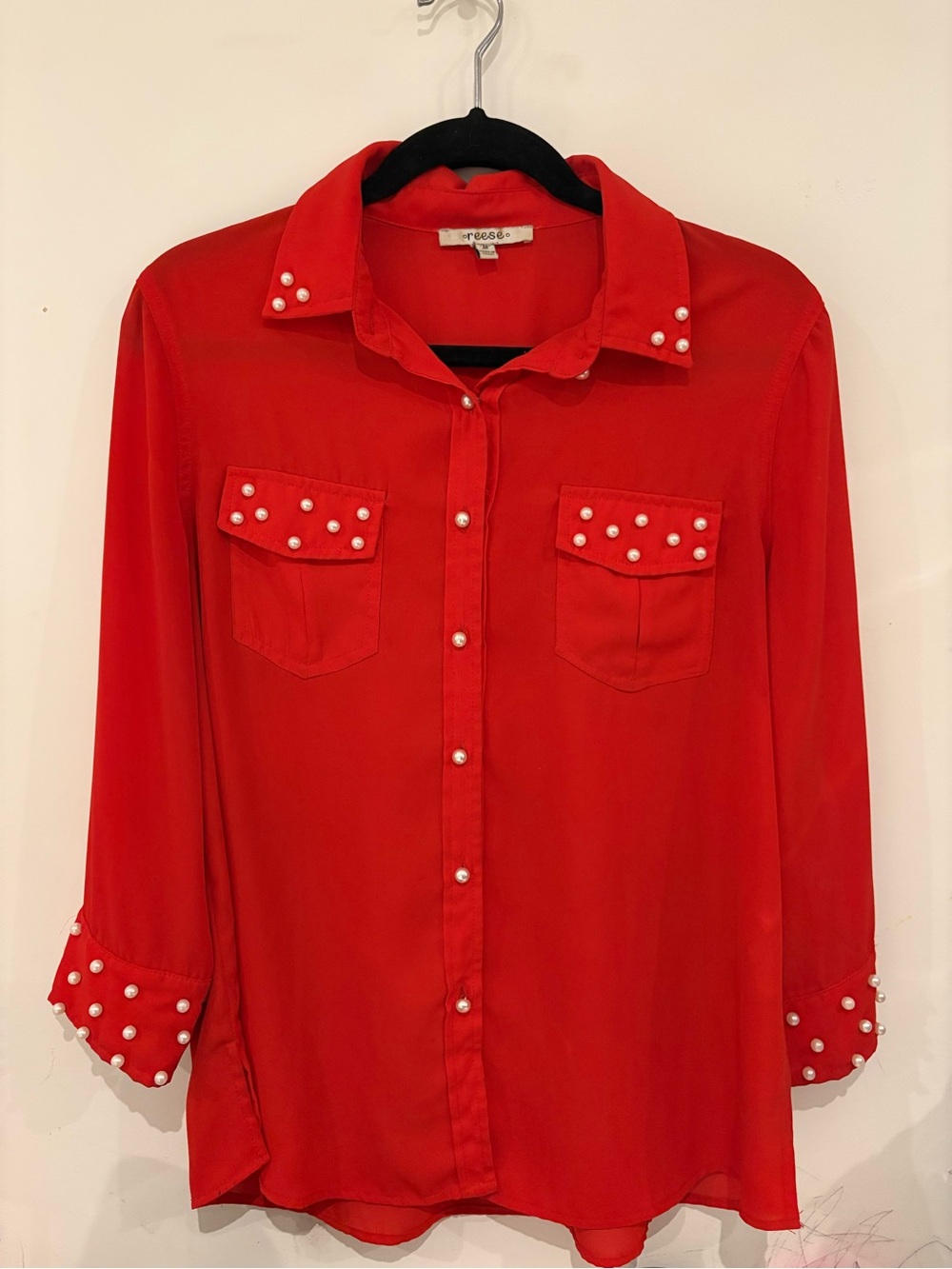 Red Pearl-Accent Button Front Blouse -